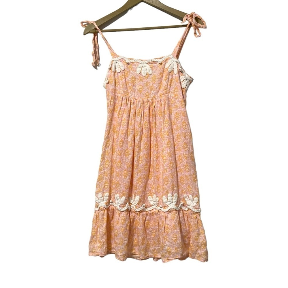 Lilly Pulitzer Sz 2 Pink Orange Bee Summer Linen Tie Strap Mini Dress Resortwear